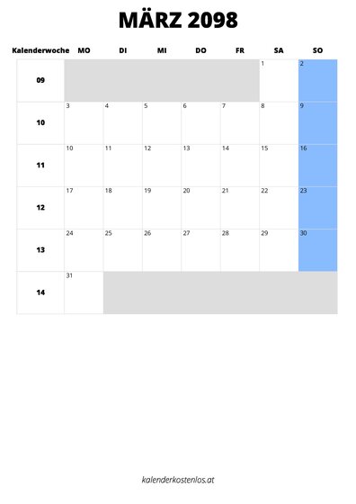 Kalender März 2098 im Hochformat