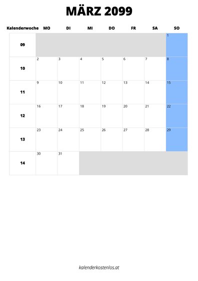 Kalender März 2099 im Hochformat