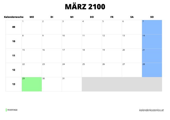 Kalender März 2100 Kalender März 2100 im Querformat