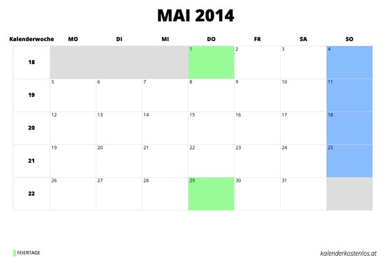Kalender Mai 2014 Kalender Mai 2014 im Querformat