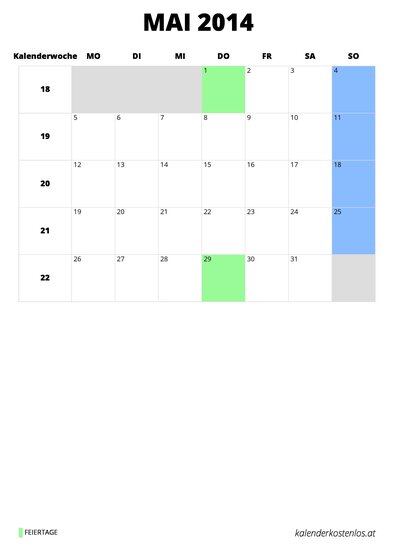 Kalender Mai 2014 Kalender Mai 2014 im Hochformat