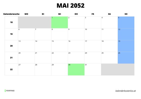 Kalender Mai 2052 Kalender Mai 2052 im Querformat