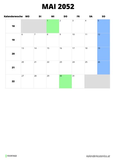 Kalender Mai 2052 Kalender Mai 2052 im Hochformat