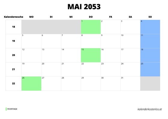 Kalender Mai 2053 im Querformat