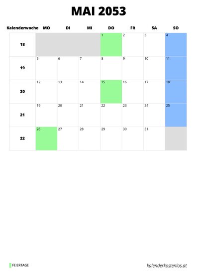 Kalender Mai 2053 im Hochformat