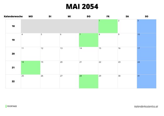 Kalender Mai 2054 im Querformat