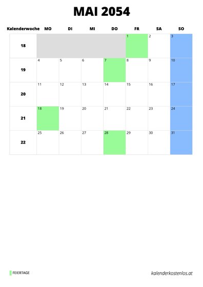 Kalender Mai 2054 im Hochformat