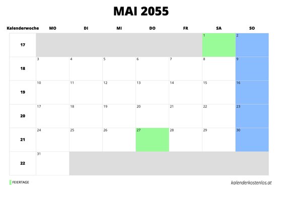 Kalender Mai 2055 Kalender Mai 2055 im Querformat