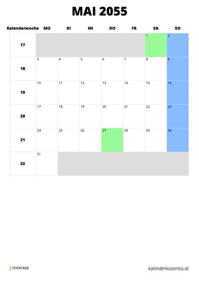 Kalender Mai 2055 Kalender Mai 2055 im Hochformat