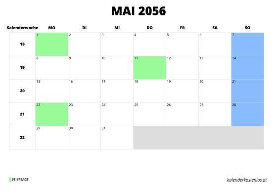 Kalender Mai 2056 im Querformat