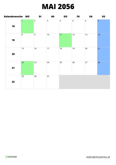 Kalender Mai 2056 im Hochformat