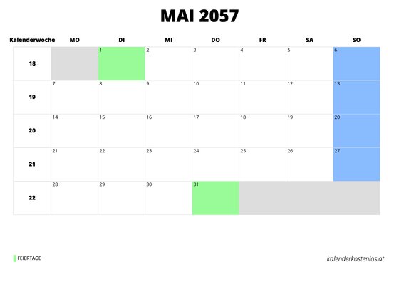 Kalender Mai 2057 im Querformat