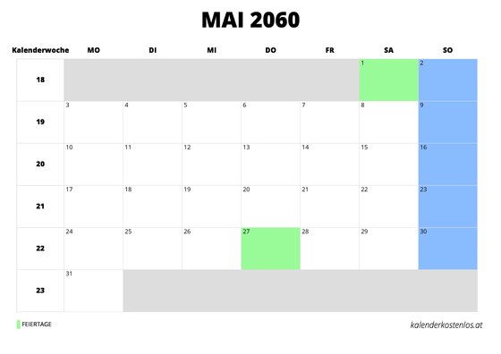 Kalender Mai 2060 Kalender Mai 2060 im Querformat