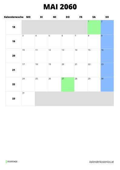 Kalender Mai 2060 Kalender Mai 2060 im Hochformat