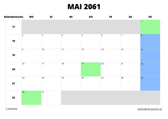 Kalender Mai 2061 im Querformat