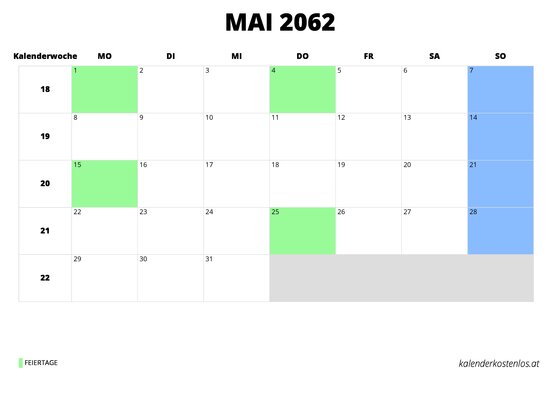 Kalender Mai 2062 im Querformat