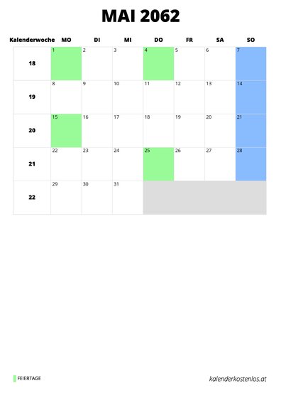 Kalender Mai 2062 im Hochformat