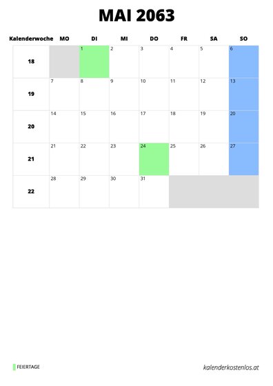 Kalender Mai 2063 Kalender Mai 2063 im Hochformat