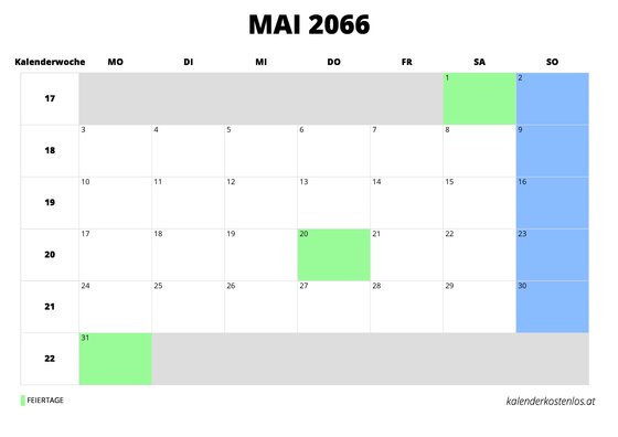Kalender Mai 2066 im Querformat