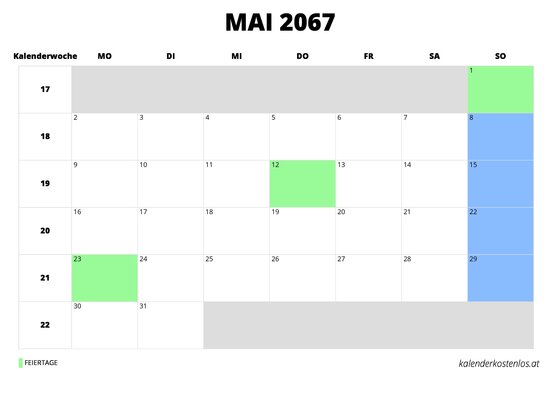 Kalender Mai 2067 im Querformat