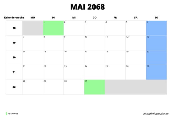 Kalender Mai 2068 Kalender Mai 2068 im Querformat