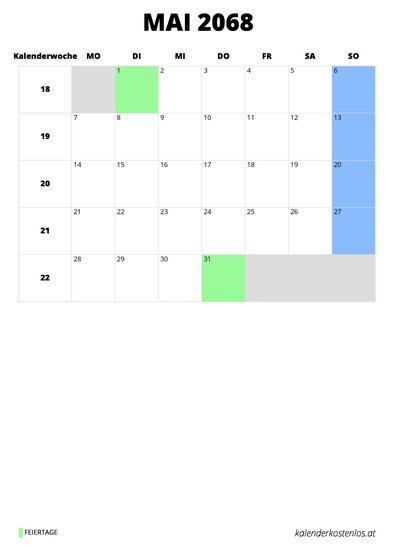 Kalender Mai 2068 Kalender Mai 2068 im Hochformat