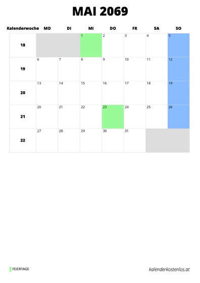 Kalender Mai 2069 im Hochformat
