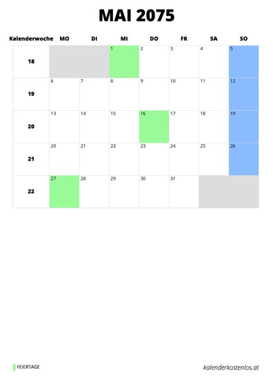 Kalender Mai 2075 Kalender Mai 2075 im Hochformat