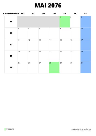 Kalender Mai 2076 Kalender Mai 2076 im Hochformat