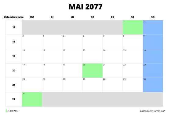 Kalender Mai 2077 im Querformat