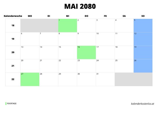 Kalender Mai 2080 im Querformat