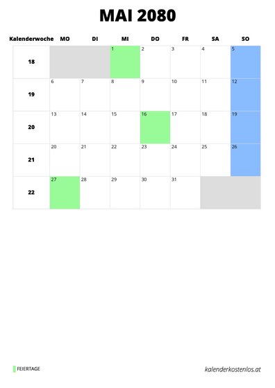 Kalender Mai 2080 im Hochformat