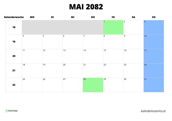 Kalender Mai 2082 im Querformat