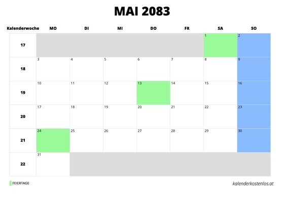 Kalender Mai 2083 im Querformat