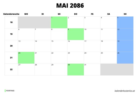 Kalender Mai 2086 im Querformat