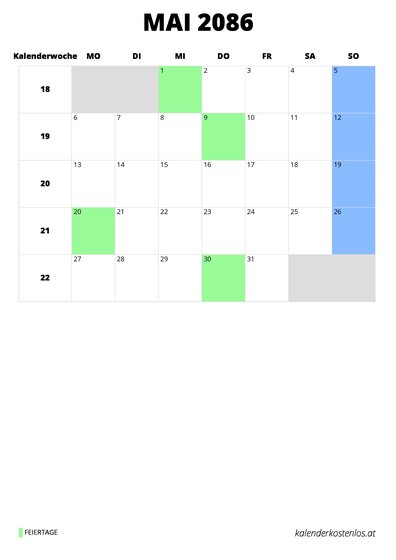 Kalender Mai 2086 im Hochformat