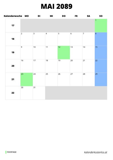 Kalender Mai 2089 im Hochformat