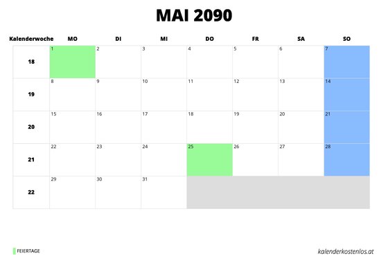 Kalender Mai 2090 Kalender Mai 2090 im Querformat
