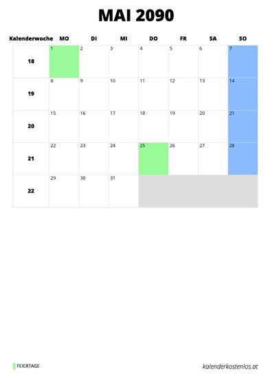 Kalender Mai 2090 Kalender Mai 2090 im Hochformat
