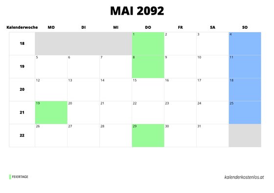 Kalender Mai 2092 im Querformat