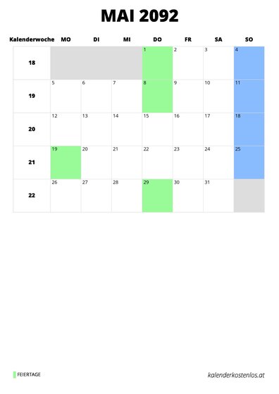 Kalender Mai 2092 im Hochformat