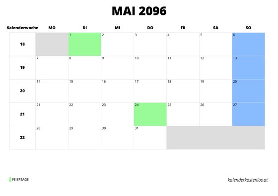 Kalender Mai 2096 Kalender Mai 2096 im Querformat