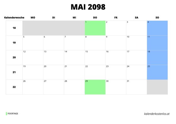 Kalender Mai 2098 im Querformat