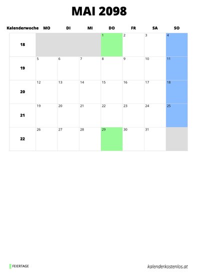 Kalender Mai 2098 im Hochformat