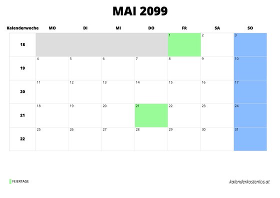 Kalender Mai 2099 Kalender Mai 2099 im Querformat
