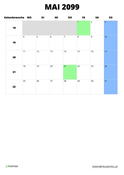 Kalender Mai 2099 Kalender Mai 2099 im Hochformat