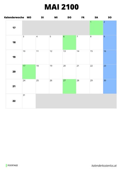 Kalender Mai 2100 Kalender Mai 2100 im Hochformat