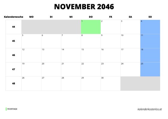 Kalender November 2046 Kalender November 2046 im Querformat