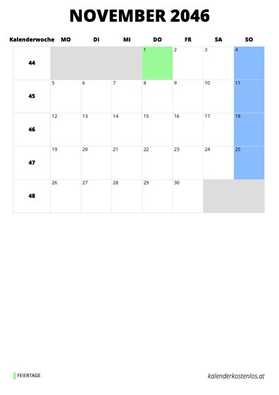 Kalender November 2046 Kalender November 2046 im Hochformat