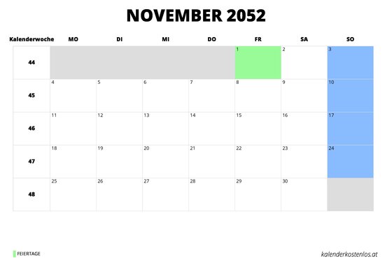 Kalender November 2052 im Querformat